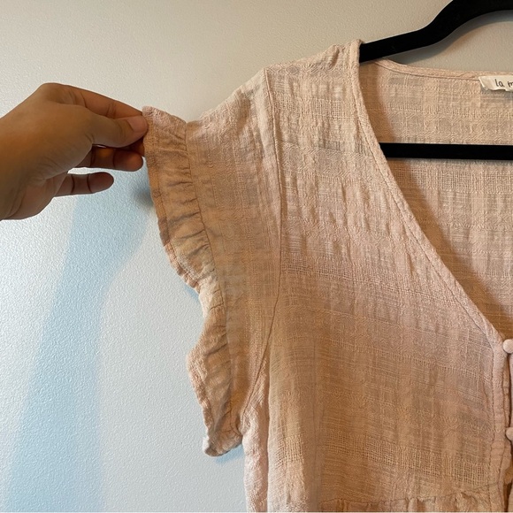 La Miel Blush Pink Crepe Cotton blend Baby Doll Ruffle Blouse sz M - Picture 3 of 10